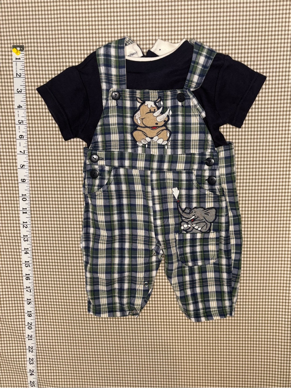 Vintage KHQ Sportswear Plaid Safari Animal Shortall Set 0-3M